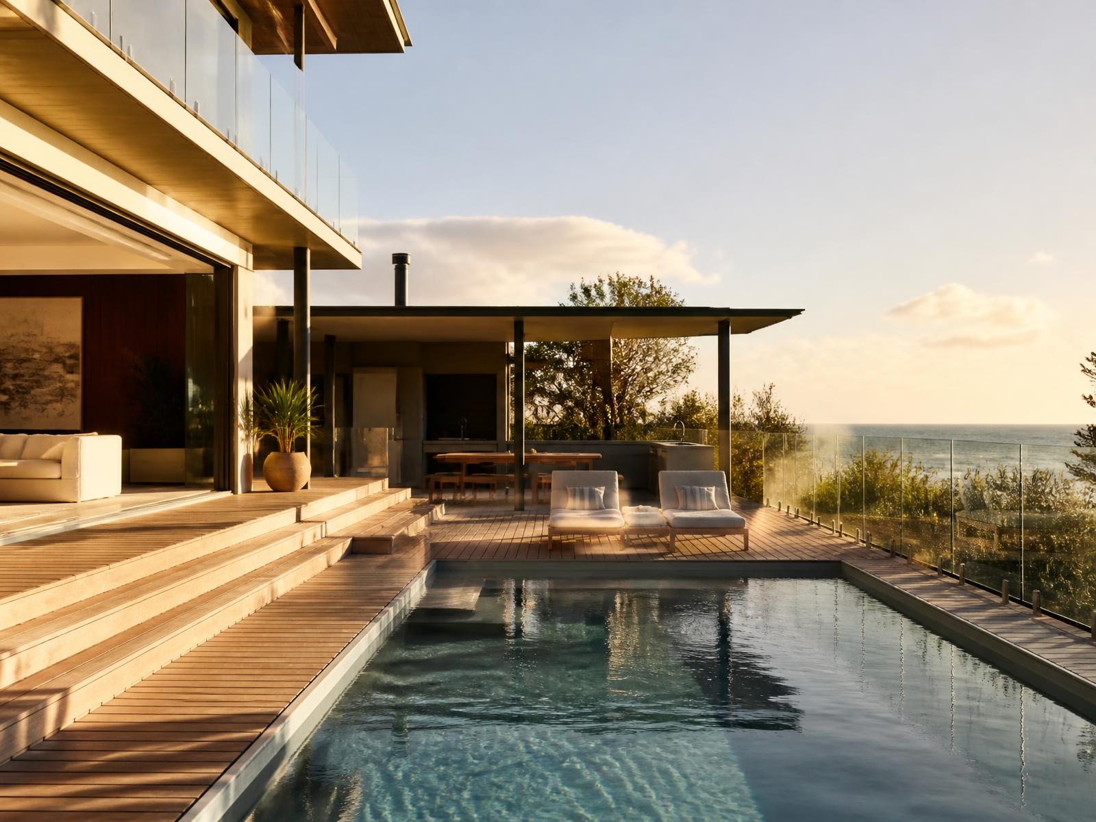 Sunlit coastal holiday home with a pool and timber deck